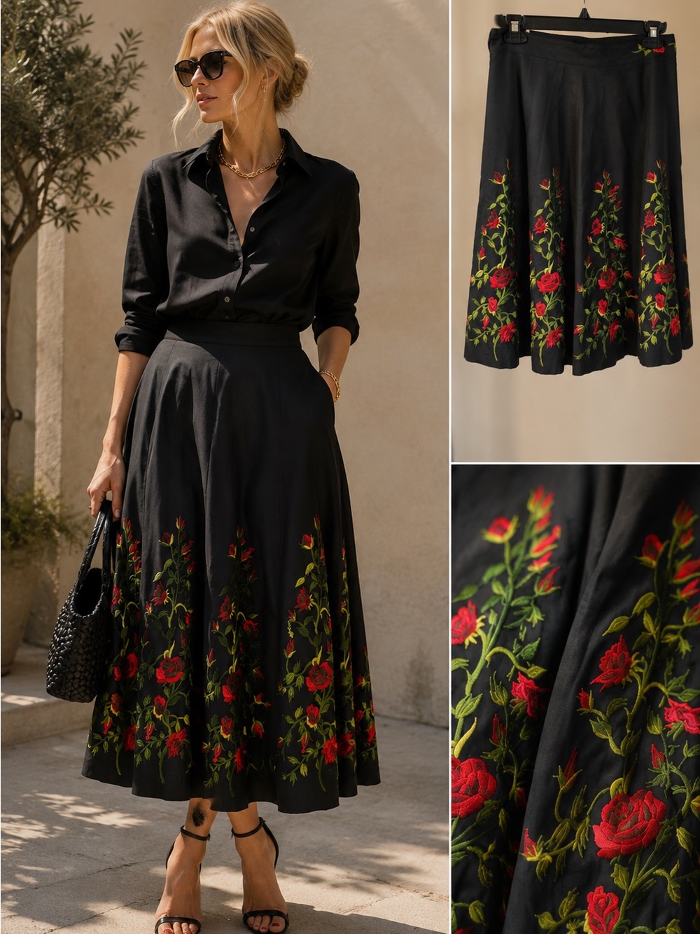 Neiman Marcus Exclusive Black Silk Cotton Embroidered Rose Midi Skirt